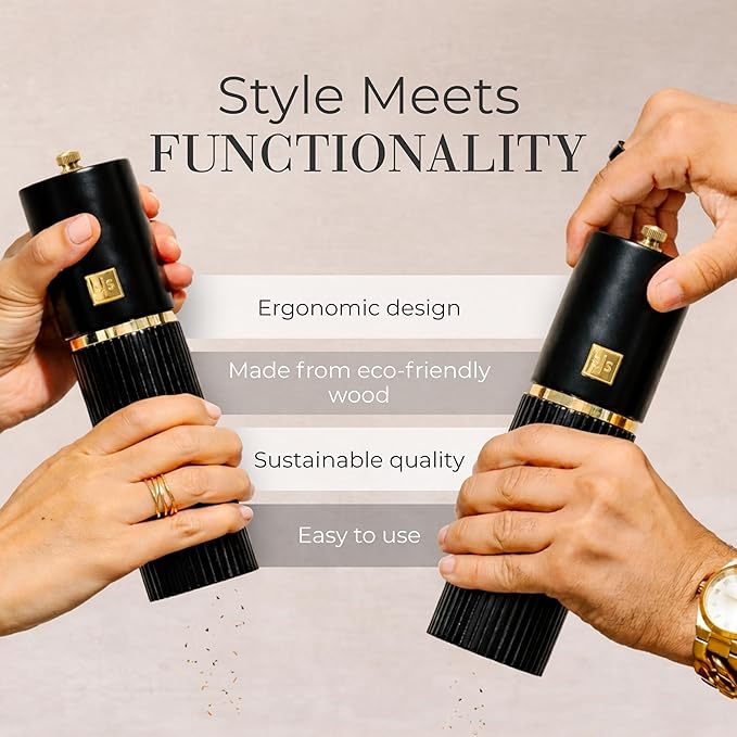 Wooden Salt and Pepper Grinder Set – Refillable Manual Salt and Pepper Mills with Adjustable Ceramic Burrs, Gold Detailing, and Wood Stand – Black