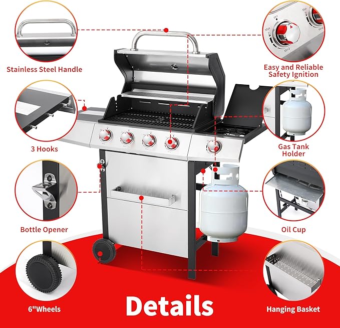 Griddle Grill Combo, Propane Gas and Charcoal Grill Combo, Outdoor BBQ Grills, 4 Burner Propane Stove with Griddle, Cast Iron Grates, Side Burner & Prep Space