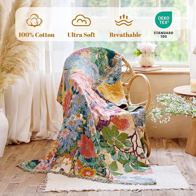 MSGKV Boho Throw Blanket for Bed 60"x80" Cotton Floral Twin Size Couch Blankets All Seasons Lightweight Muslin Breathable Farmhouse Blankets