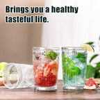 Vintage Drinking Glasses Set of 12, Textured Clear Striped Glass Cups-6 Highball Glasses 13oz & 6 Rocks Glasses 10oz, Ribbed Glassware Set, Mojito Cups, Cocktail Glass, Iced Coffee Cup