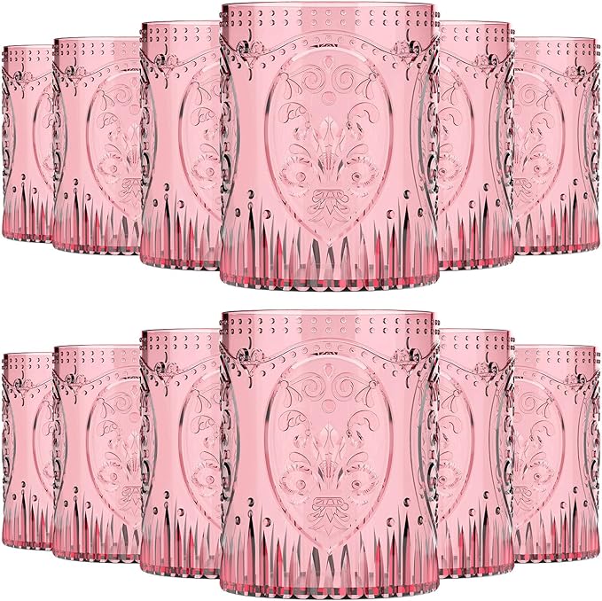 Qinyoung 12 Plastic Vintage Drinking Glasses 8.5oz Stemless Retro Embossed Wine Glasses Shatterproof Reusable Cups for Baby Shower Wedding Reception Grand Event Party (Pink)