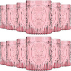 Qinyoung 12 Plastic Vintage Drinking Glasses 8.5oz Stemless Retro Embossed Wine Glasses Shatterproof Reusable Cups for Baby Shower Wedding Reception Grand Event Party (Pink)