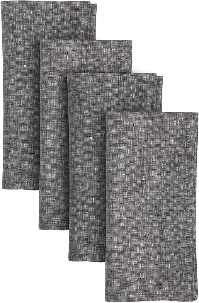 Solino Home Linen Cloth Napkins Set of 4-100% Pure Linen Chambray Black Dinner Napkins 20 x 20 Inch for Winter, Holiday, New Year - Athena, Handcrafted and Machine Washable