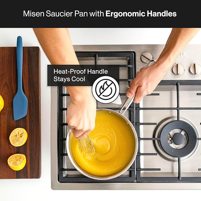 Misen 5-Ply Stainless Steel Saucier with Lid– Induction-Compatible Pan with Curved Sides for Smooth Stirring - Oven Safe to 800F – Even Heat Distribution & Ergonomic Handle - 3 QT
