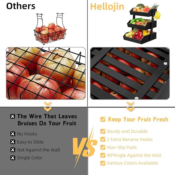 Bamboo 3 Tier Fruit Basket For Counter, Large Capacity Fruit Storage Countertop, Fruit Holder, Wooden Pantry Organizers and Storage, Kitchen Countertop Organizer With Two Banana Hangers (Black)