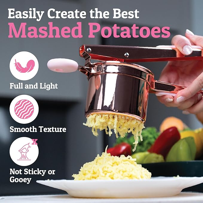 PriorityChef Large 15oz Potato Ricer, Heavy Duty Stainless Steel Potato Masher and Ricer Kitchen Tool, Press and Mash Kitchen Gadget For Perfect Mashed Potatoes - Everytime, Rose Gold and Pink