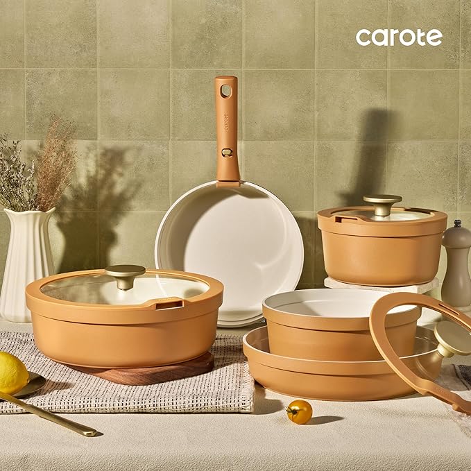Carote 20pcs Ceramic Cookware Set with Detachable Handles, Pots and Pans Set Non Stick, RV Kitchen Cooking Pot and Pan, Dishwasher Safe, Non-toxic Induction Cookware PFAS and PFOA Free,Orange