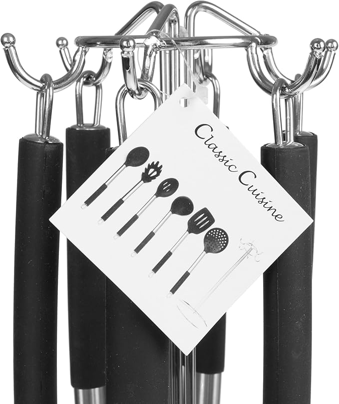 7-Piece Cooking Utensils Set - Stainless-Steel and Silicone Kitchen Tools and Holder - Heat Resistant and Nonstick Set by Classic Cuisine (Silver)