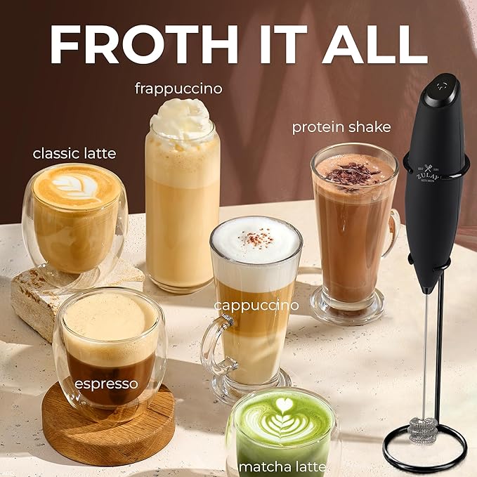 Zulay Kitchen Patented Tornado Triple Whisk Milk Frother with 4 Duracell Batteries – Handheld Foam Maker for Coffee, Lattes, Matcha & Hot Chocolate – Rich, Creamy Froth in Seconds - Executive Black