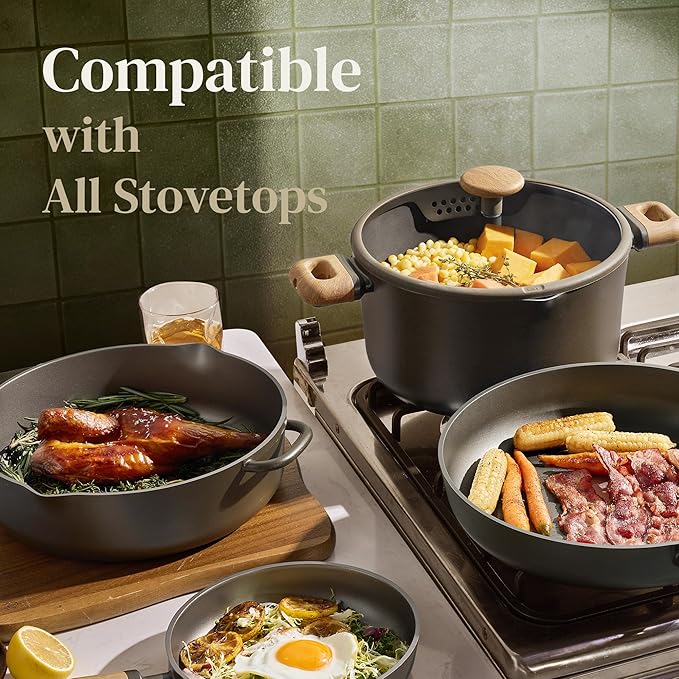 CAROTE Pots and Pans Set Non Stick, 21PCS Cookware Set with Strainer Lid, Induction Cooking Set with Kitchen Utensils, Dark Green