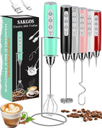 Sakgos Milk Frother with Stand Rechargeable- Handheld Coffee Frother with 3 Stainless Whisks 3 Speed Adjustable, Electric Whisk Drink Mixer, Foam Maker Blender for Matcha Latte Cappuccino Chocolate