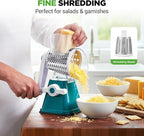 NutriChef 3 in 1 Cheese Grater & Shredder | Strong Suction Base, Rotary Handle with Safety Lock | Includes Hand Crank & 3 Drum Blades for 3 Textures, Fine, Medium & Strips | Green