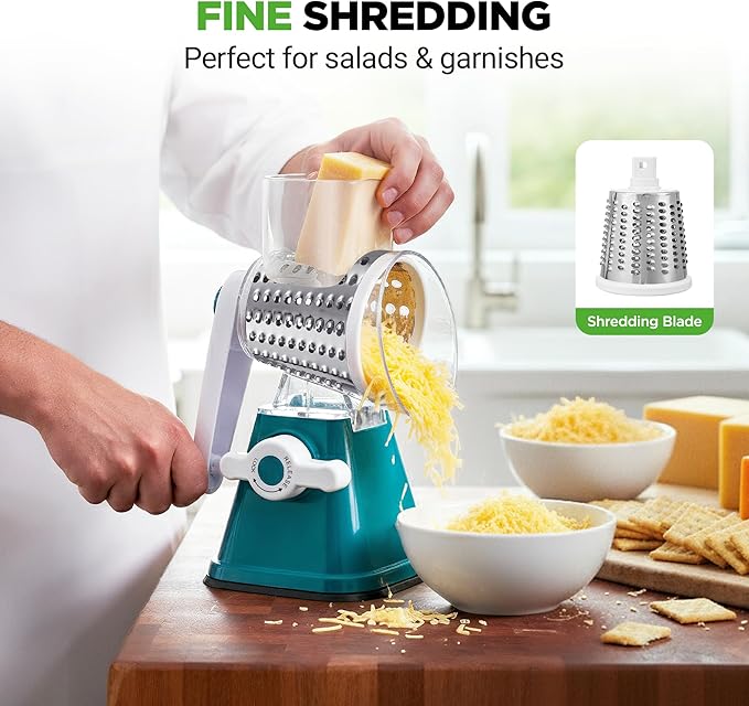 NutriChef 3 in 1 Cheese Grater & Shredder | Strong Suction Base, Rotary Handle with Safety Lock | Includes Hand Crank & 3 Drum Blades for 3 Textures, Fine, Medium & Strips | Green