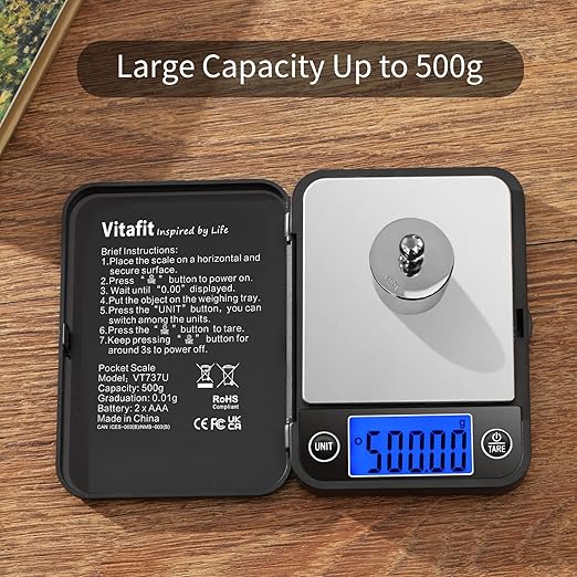 Vitafit 500g Digital Pocket Scale,High Accuracy Assured by Scale Professional Factory Since 2001, Gram Scale 0.01g for Multifunction: Lab,Food, Kitchen,Coffee,Jewelry; Black