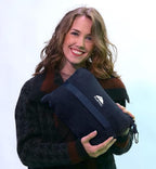 BlueHills Premium Soft Travel Blanket Pillow in Mini Soft Case Plush Airplane Blanket Compact Pack with Luggage Belt and Backpack Clip Long Flights Essentials Navy Blue M04