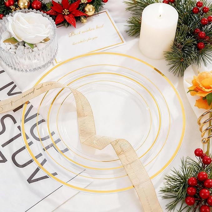 I00000 102 Pcs Clear Gold Plastic Plates - Disposable Party Plates, Gold Disposable Include 51 Dinner Plates and 51 Dessert Plates, Plastic Plates for Party, Holiday, Wedding & Birthday