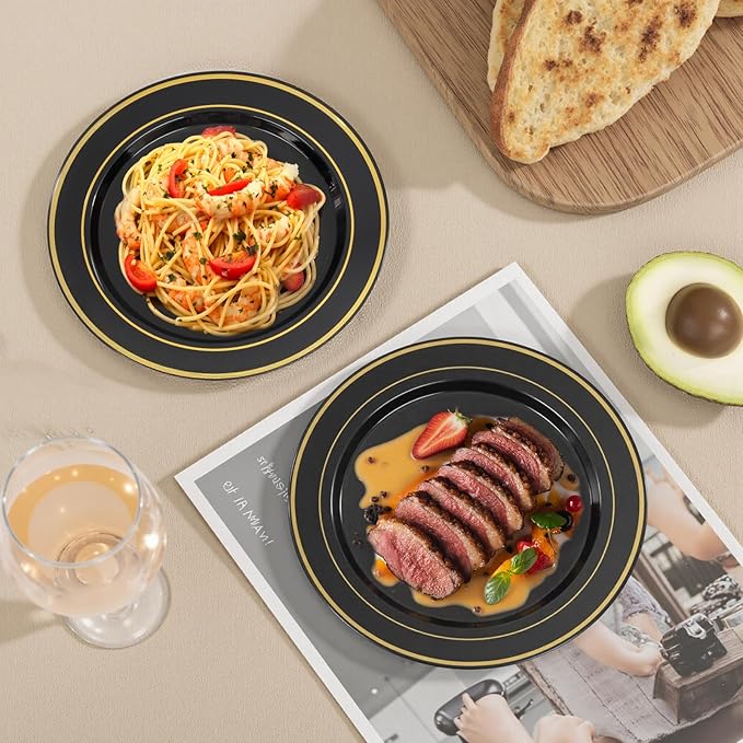 bUCLA 200PCS Black and Gold Plastic Plates - 6.25inch Black with Gold Rim Disposable Dessert/Salad/Appetizer/Small Cake Plates - Ideal for Party & New Year