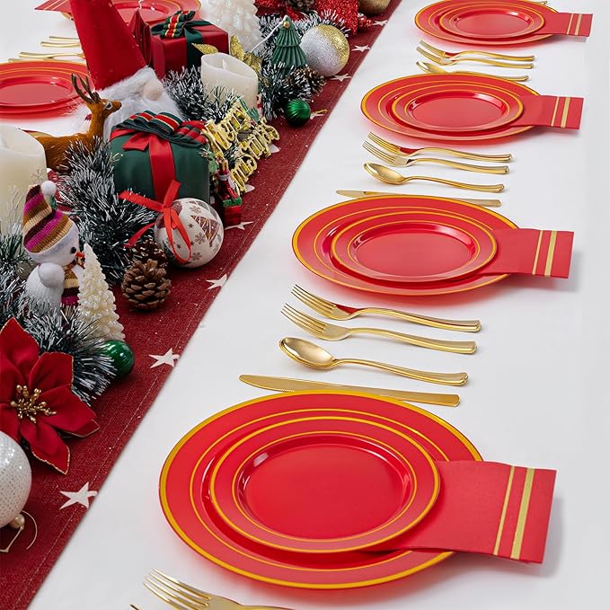 NOCCUR 200PCS Red Plastic Plates for 100 Guests - Include 100PCS 10" Dinner/ 100PCS 7" Dessert Plastic Plates Heavy Duty - Ideal for Wedding/Party/Christmas
