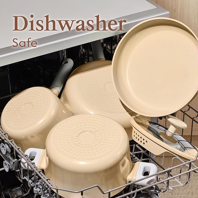 CAROTE Ceramic Cookware Set Nonstick, 9pcs Pots and Pans Set Non stick, Non-Toxic & PFAS-Free,Dishwasher, RV/Camping Cookware Set,Sauce Pan with Lid, Yellow