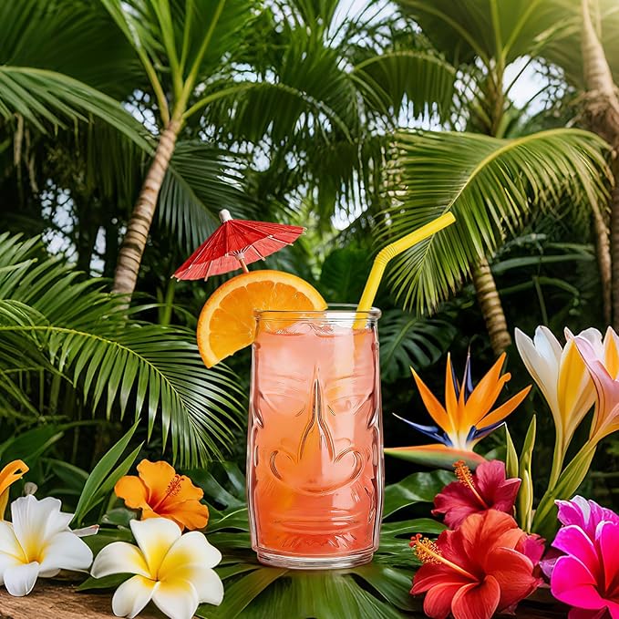 Tiki Glasses Set of 6 - Highball Glasses - 17 oz Cocktail Water Glass for Tropical Bar - Hawaiian Party Drinking Glass