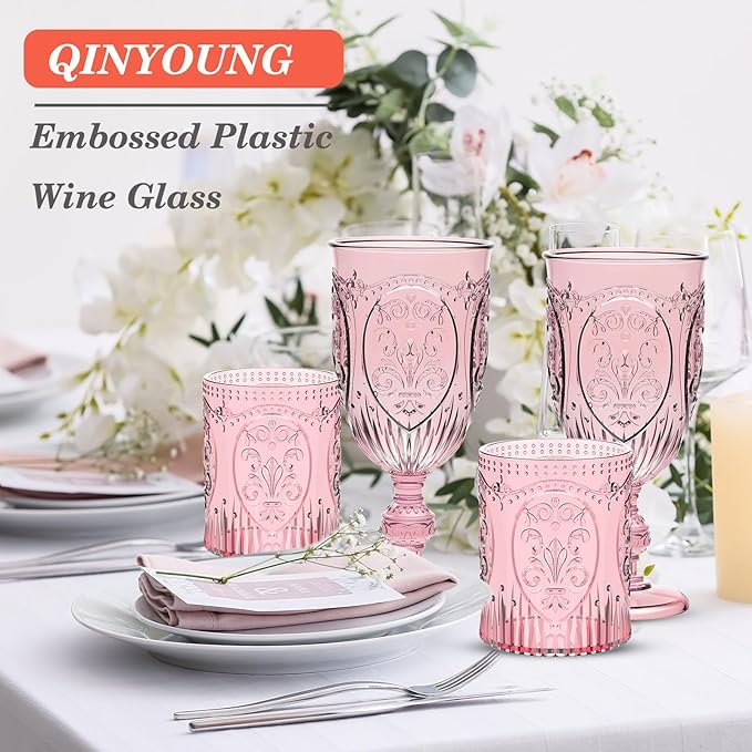 Qinyoung 48 Plastic Vintage Drinking Glasses 8.5oz Stemless Retro Embossed Wine Glasses Shatterproof Reusable Cups for Baby Shower Wedding Reception Grand Event Party (Pink)