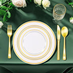 Zcaukya 100PCS Gold Plastic Plates, Disposable Plastic Dishes with Gold Rim in Bulk, 50 Pcs Each 10.25 Inch and 7.5 Inch for Dinner, Birthday and Wedding