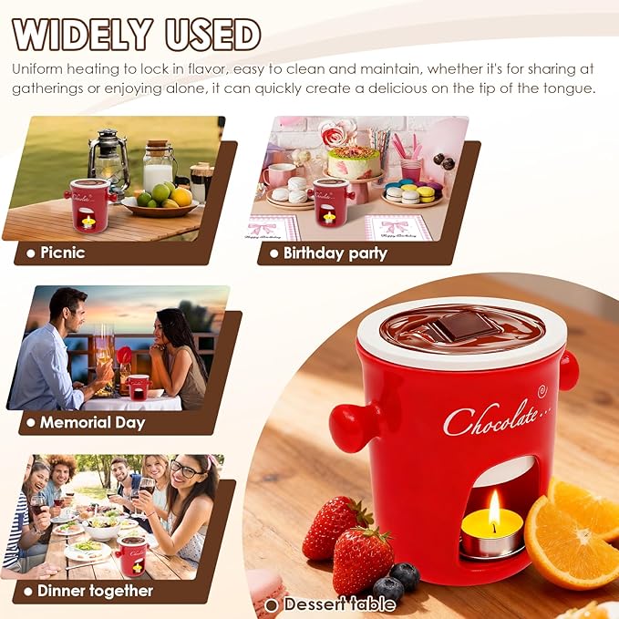 Chocolate Fondue Mug with Fork, 280ml Ceramic Chocolate Fondue Cup Set, Chocolate Melting Mug, Great for Cheese, Butter - Date Nights, Birthdays, Anniversary, Weddings (Red)