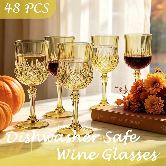 Plastic Wine Glasses, Plastic Goblets Vintage Style Cordial Unbreakable Drinking Glasses, Reusable Drinkware for Wedding Reception, Grand Event Party Supplies (48, Gold)