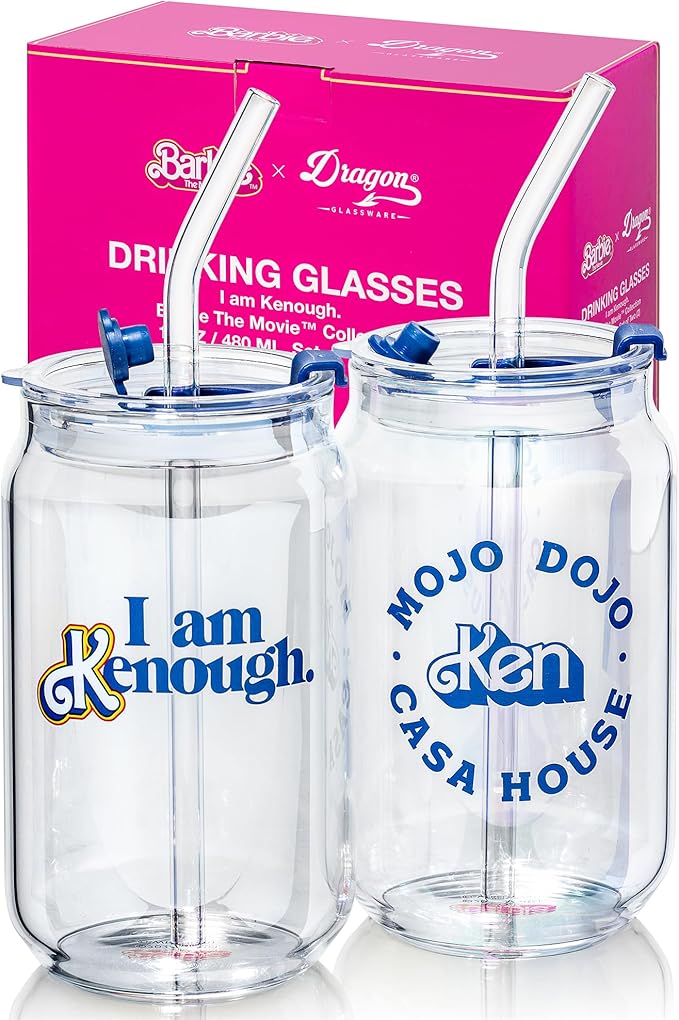 Dragon Glassware x Barbie The Movie - 16 oz Glass Cups with Lids and Straws, Set of 2 - Iced Coffee Cups with Lids - Versatile Glass Tumbler with Straw and Lid - I'm Just Ken