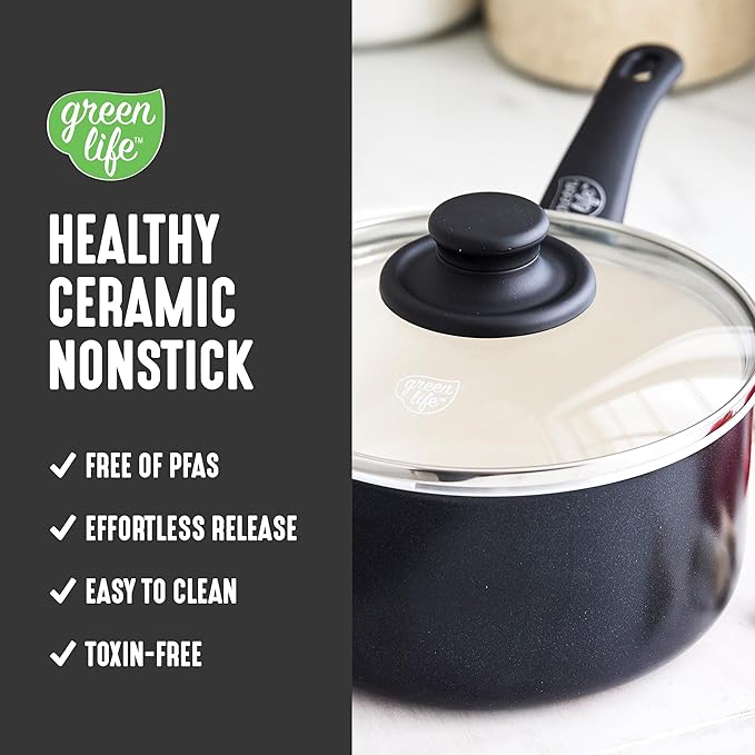 GreenLife 2.5QT Nonstick Saucepan with Glass Lid, Soft Grip, PFAS-Free Ceramic, Multipurpose Chef Pan, Milk & Sauce Cooking Pot, Dishwasher & Oven Safe to 350˚F, Stay-Cool Handle, Black