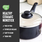 GreenLife 2.5QT Nonstick Saucepan with Glass Lid, Soft Grip, PFAS-Free Ceramic, Multipurpose Chef Pan, Milk & Sauce Cooking Pot, Dishwasher & Oven Safe to 350˚F, Stay-Cool Handle, Black