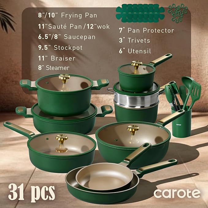 CAROTE Pots and Pans Set Non stick, Cookware Set, 31pcs NonStick Kitchen Set Induction Cookware Non-toxic Cooking Set, Green