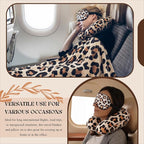 HunnmingRe 5 Pcs Travel Pillow and Blanket Set, 5 in 1 Travel Airplane Compact Includes 40 x 60 Inch Throw Blanket Eye Mask Neck Pillow Earplug and Bag Gifts for Travelers Women(Leopard Print,Brown)