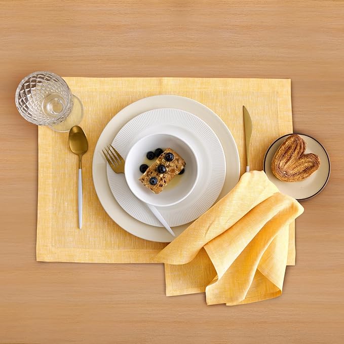 Solino Home Linen Cloth Napkins Set of 4-100% Pure Linen Chambray Mustard Yellow Dinner Napkins 20 x 20 Inch - Athena, Handcrafted and Machine Washable