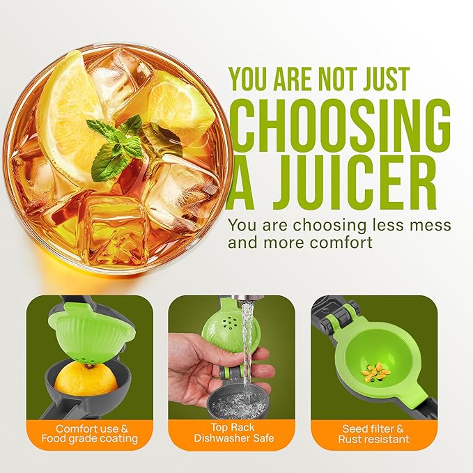 Zulay Kitchen Metal 2-in-1 Lemon Squeezer - Sturdy Max Extraction Hand Juicer Lemon Squeezer Gets Every Last Drop - Easy to Clean Manual Citrus Juicer - Easy-Use Lemon Juicer Squeezer - Gray/Lime