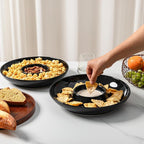 LEHAHA Porcelain Chip and Dip tray, set of 2, Ceramic Divided Serving Tray for Parties, Round Dip Platter and Salsa bowl Perfect for chips, salsa, candy, olives, nuts, fruit and veggies, Bright Black