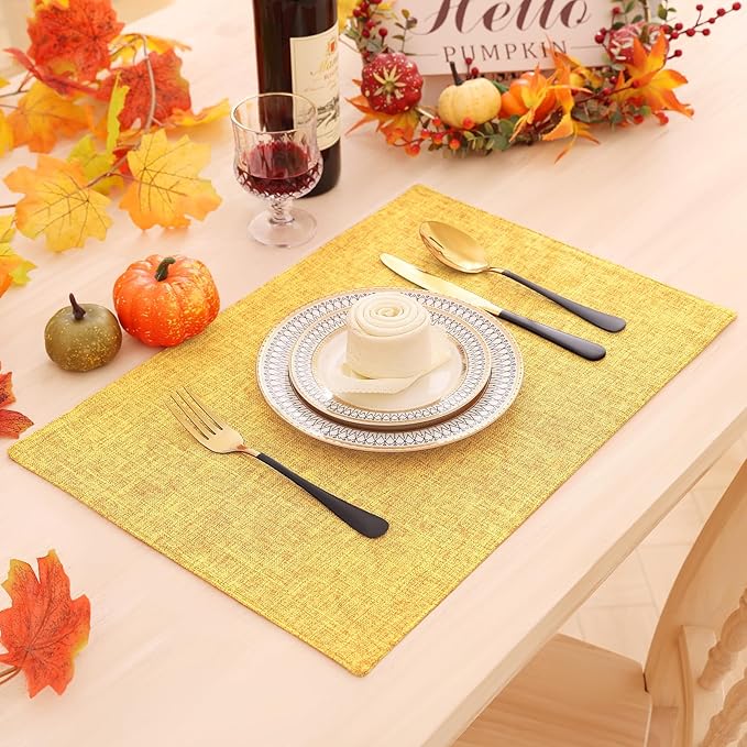 Homaxy Cloths Placemats for Dining Table Set of 8, Heat Resistant Washable Cotton Linen Blend Table Mats, Ideal for Kitchen Party Dining Decoration, 13" x 19", Mustard Yellow