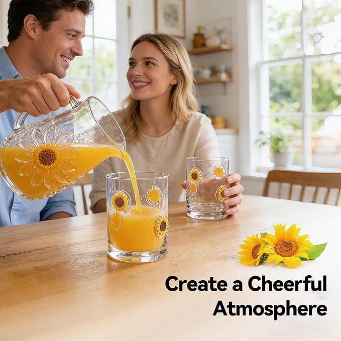 2 Pcs Handmade Sunflower Icon Juice Glass Cup, Durable Heat-Resistant Glass, 14 oz Old Fashioned Drinking Glass Cup for Holiday Party