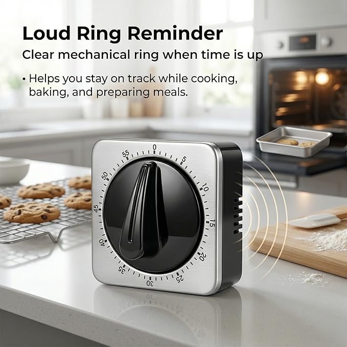 Searon Mechanical Kitchen Timer, Magnetic Manual Countdown Timer with Loud Ring, Stainless Steel, No Battery Needed, Easy to Use for Cooking and Baking