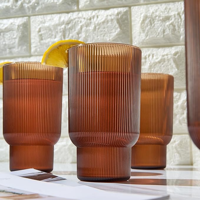 Shatterproof Acrylic Tall Drinking Glasses Set, European Style, Dishwasher Safe, Ribbed | Set of 4 | Fluted Tritan, Unbreakable BPA-free Plastic, Reusable Stackable Glassware 14.5oz - Burnt Orange