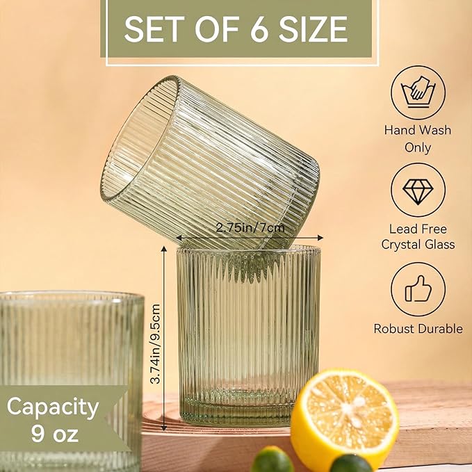 Physkoa Mint Green Ribbed Drinking Glasses Set of 6 – 9oz Vintage Green Glassware, Embossed Ribbed Tumbler Cups for Juice, Water, Cocktail, Iced Coffee
