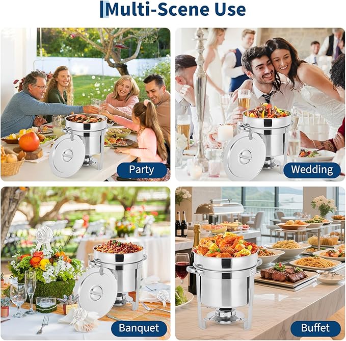 GarveeHome 7QT Soup Chafer Set of 4, Stainless Steel Round Soup Warmer with Pot, Notched Lids & Fuel Holders, Commercial Food Warmer for Buffets, Events and Party Service