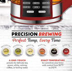 Gourmia Electric Glass Kettle – 1.7L Programmable Tea & Coffee Brewer with Digital Touch Display, 6 Presets, Removable Stainless Steel Infuser, Cordless with 360° Swivel Base, Red