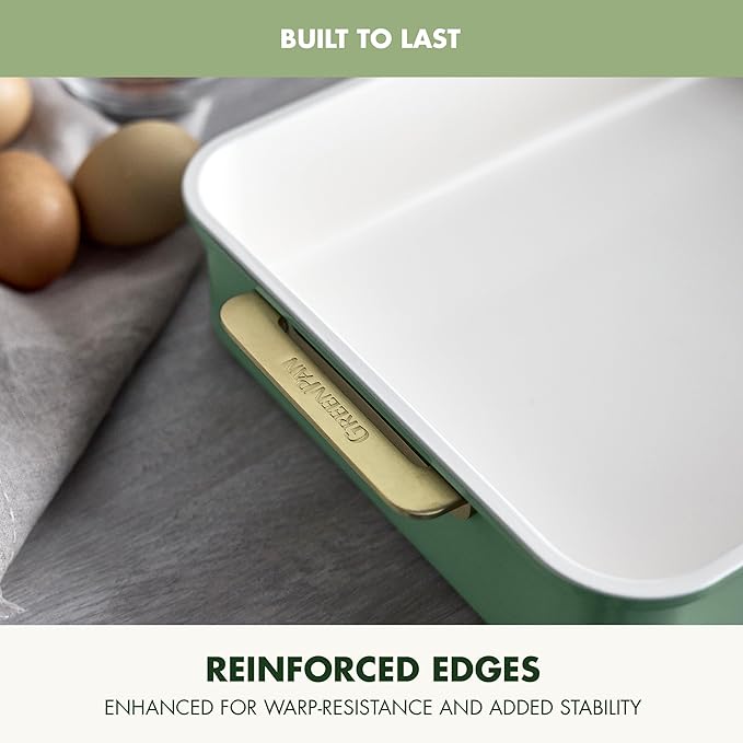 GreenPan Bakeware 13” x 9” Rectangular Cake Pan, Ceramic Nonstick Baking Pan, PFAS & BPA Free, Gold Handles, Durable Steel, Freezer to Oven Dish, Scratch Resistant, Bake & Roast Ovenware, Sage Green