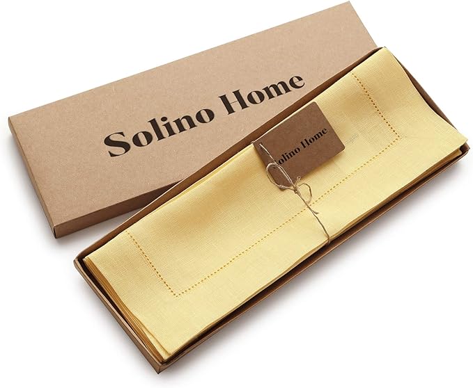 Solino Home Linen Placemats Set of 4 - Classic Hemstitch Yellow Placemats 14 x 19 Inch - 100% Pure Linen Table Mats for Valentines