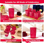 Ciaell 12 Pack Romantic Plastic Water Glasses - 14 Oz Red Vintage Drinking Glasses, Embossed Ribbed Plastic Cups, Textured Striped Set for Juice, Beverages, Beer, Cocktail & Mother's Day