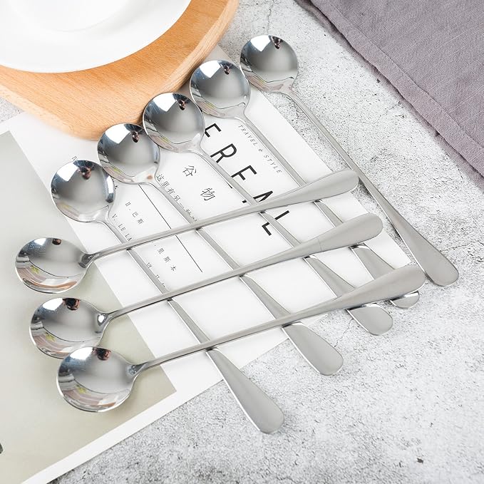 Long-handled ice tea spoon, cocktail stir spoons, stainless steel coffee spoons, ice cream scoop Set of 8 (Silver, Round)