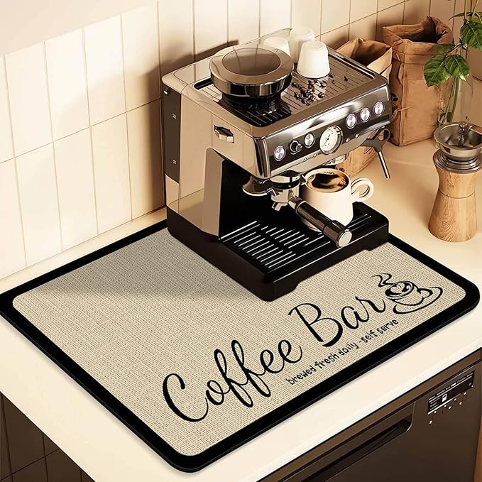 Coffee Mat for Countertops ,Coffee Bar Accessories Fit Under Coffee Maker Espresso Machine, Absorbent Hide Stain Rubber Mat for Countertop ,Dish Drying Mat for Kitchen Counter (D-Beige, 17"x31.5")