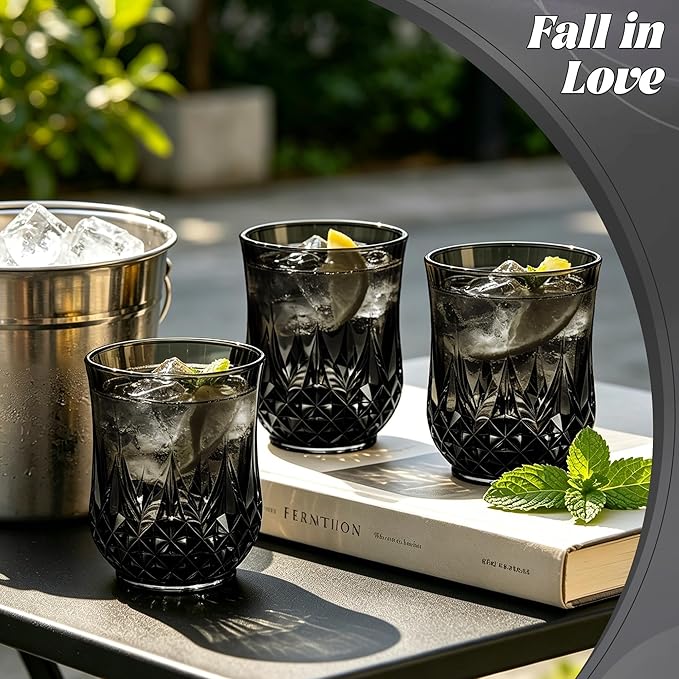 12 Pack Plastic Stemless Wine Glasses,12oz Unbreakable Vintage Elegant Drinking Glass Set,Reusable Fancy Cocktail Cups for Party, Wedding, and Bulk Events (12, 12oz-Black)