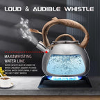 MARSKITOP Whistling Tea Kettle for Stove Top, Stainless Steel Tea Pot with Wooden Pattern Handle, Loud Whistle Water Kettle 2.6 Quart, Silver